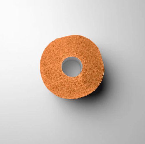 Orange roll of 'L3VEL3' neck strips on a light gray background