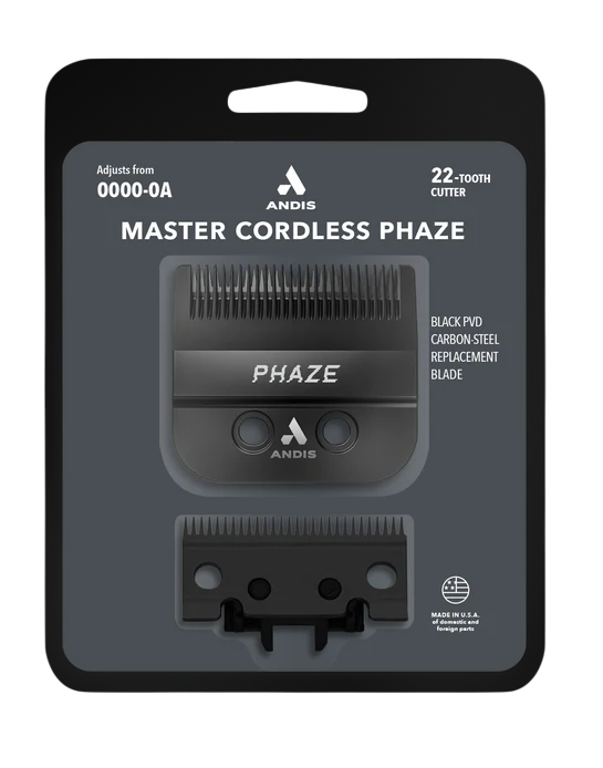 Andis Master Cordless Phaze grooming tool packaging on a white background
