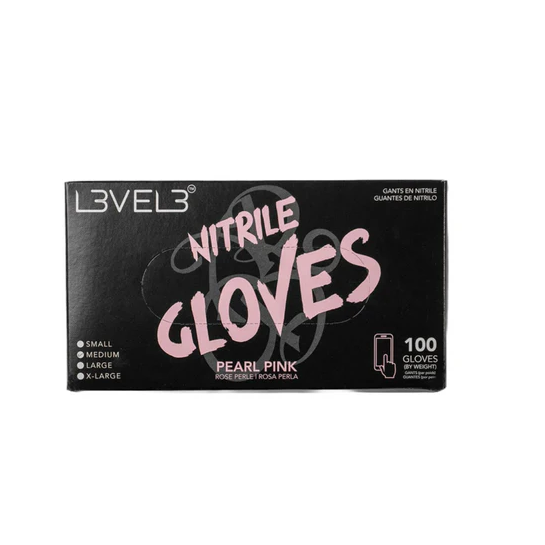 Box of Level3 nitrile gloves in pearl pink on a white background