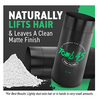 Black container with green text on a black background with white powder