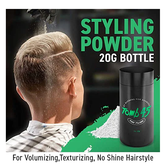 Styling powder product with a man styling his hair and a black bottle labeled 'Tomb 45'.