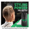 Styling powder product with a man styling his hair and a black bottle labeled 'Tomb 45'.