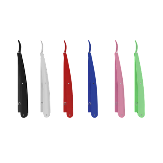Set of six colorful L3VEL3 straight razor holders on a white background