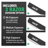 Three razor exposure options with text on a white background