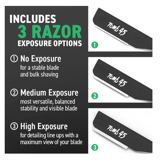 Three razor exposure options with text on a white background