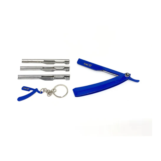 blue tomb 45 triple cartridge razor and a keychain on a white background