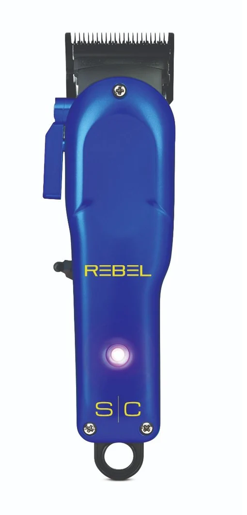 Blue hair clipper with 'REBEL' branding on a white background