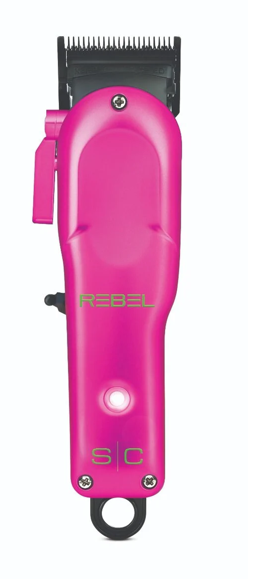 Pink hair clipper with 'Rebel' branding on a white background