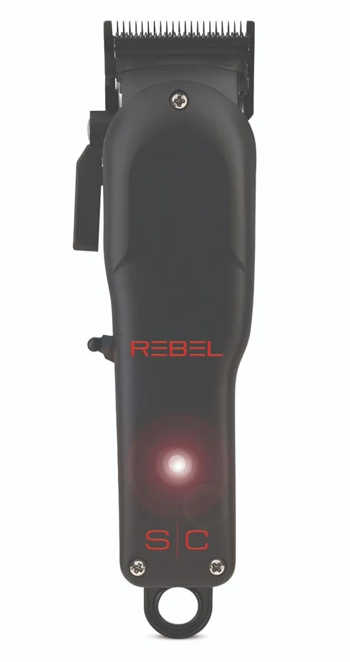 Black hair clipper with 'REBEL' branding on a white background