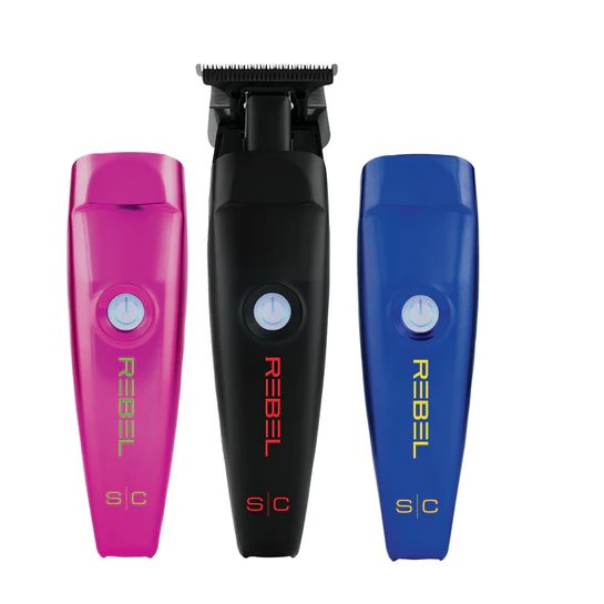 Three hair trimmers in pink, black, and blue with 'REBEL' branding on a white background.