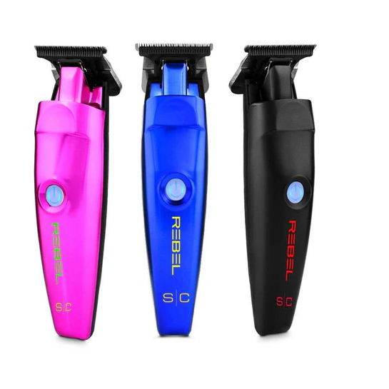 Three hair trimmers in pink, blue, and black on a white background