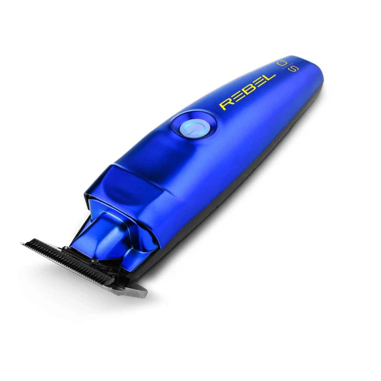 Blue hair trimmer with 'REBEL' branding on a white background