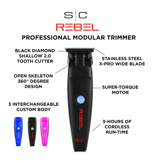 Rebel professional modular trimmer with features highlighted on a white background