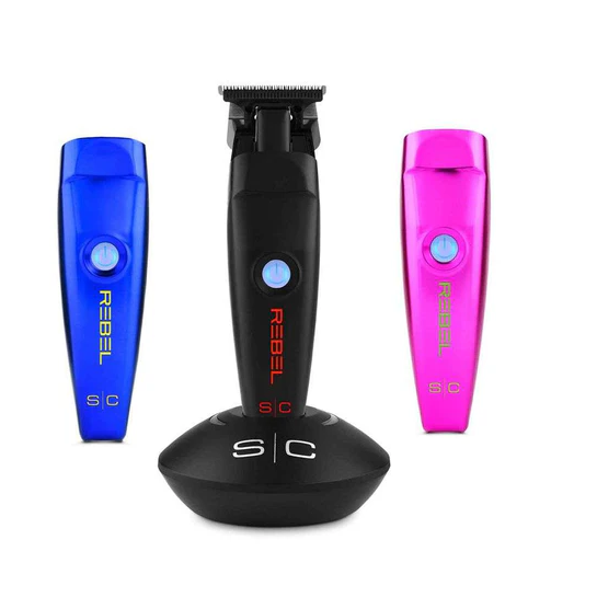 Three hair trimmers in blue, black, and pink on a white background