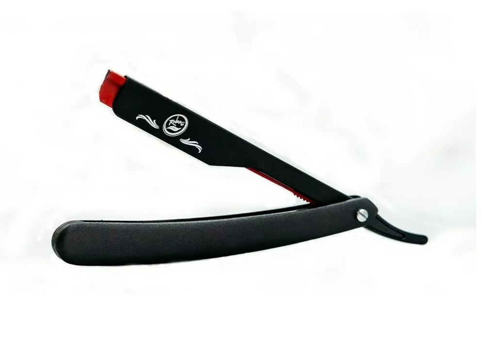 Black Rolda straight razor with red accents on a white background