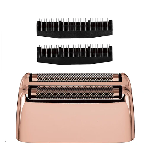Rose gold and black hair trimmer with attachments on a white background