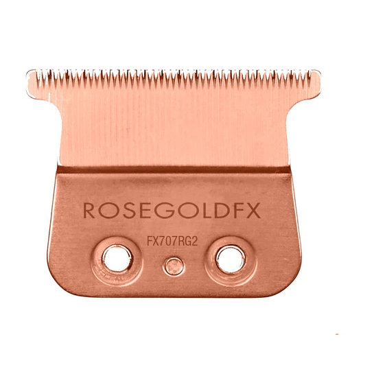Rose gold grooming blade with 'ROSEGOLDFX' branding on a white background