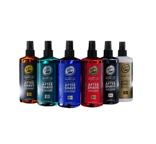 Set of six Rolda after-shave bottles in various colors on a white background