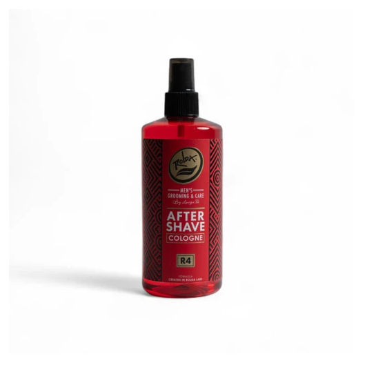 Red bottle of after-shave cologne on a white background