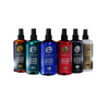 Set of six Rolda after-shave bottles in various colors on a white background