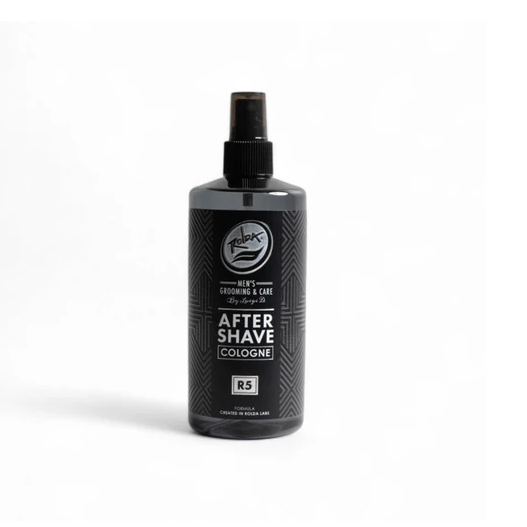 Black after-shave cologne bottle on a white background