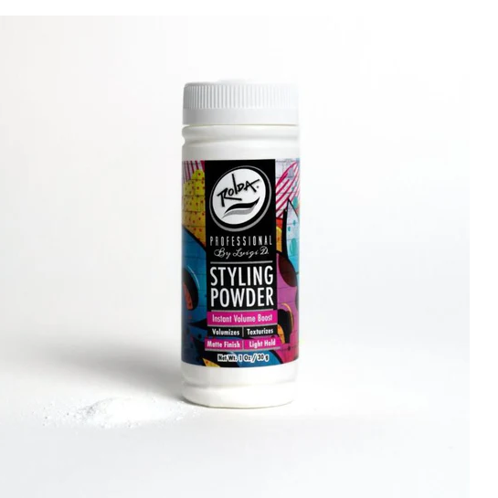 Rolda White bottle of styling powder with colorful label on a white background