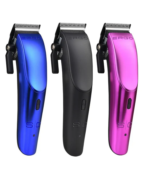 Three hair clippers in blue, black, and pink on a white background