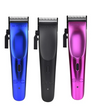 Three hair clippers in blue, black, and pink on a white background