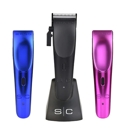 Set of three hair clippers in blue, black, and pink on a white background