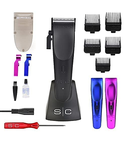 Set of hair clippers and attachments on a white background