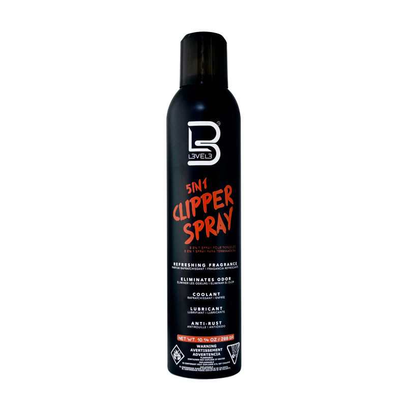 Black can of '5-in-1 Clipper Spray' with visible branding on a white background