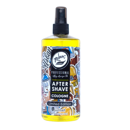 Rolda Bottle of after-shave cologne with colorful label on a white background