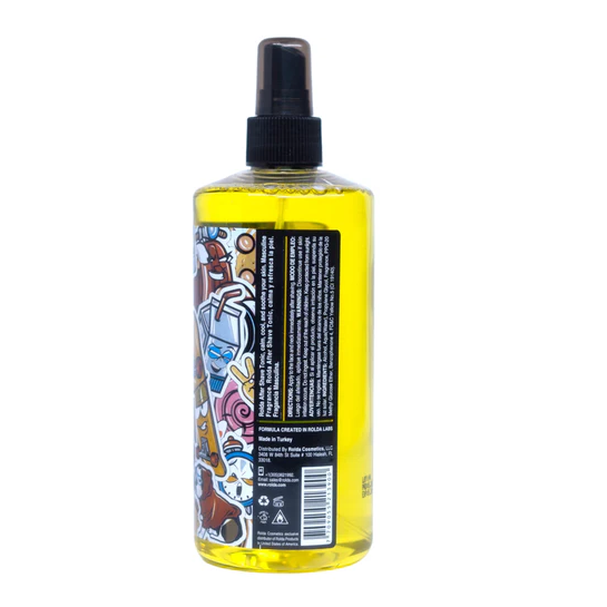Rolda Yellow spray bottle with colorful label on a white background