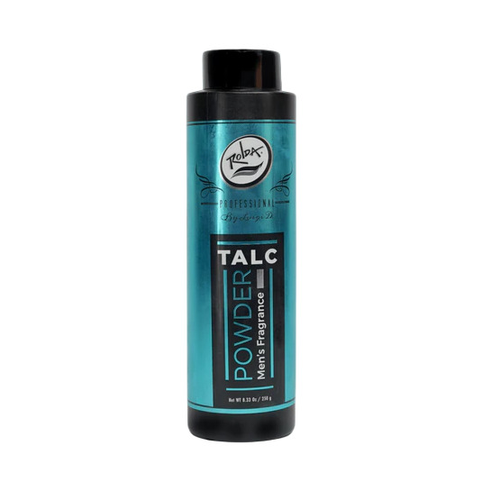 Rolda Bottle of talcum powder with a blue label on a white background