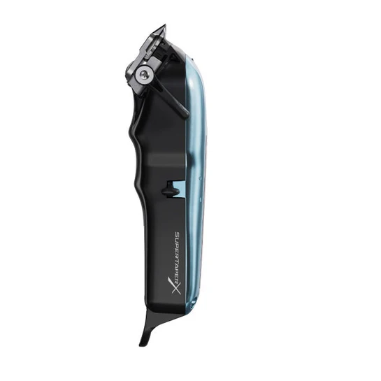 Black and blue electric razor on a white background