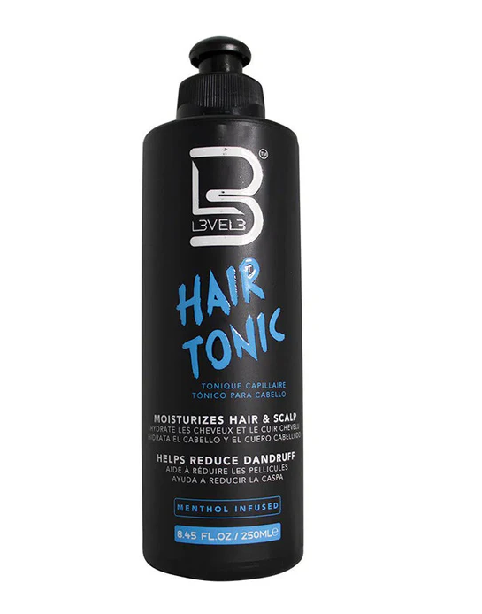 Black bottle of Level 3 Hair Tonic with blue and white text on a white background