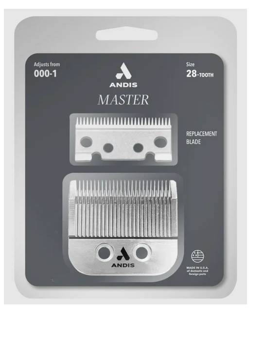 Andis replacement blade packaging with two blades on a gray background