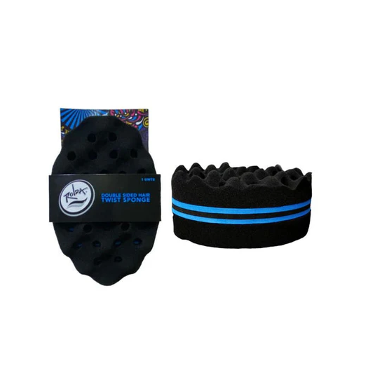 black rolda twist sponge with blue stripes and a visible brand logo on a white background