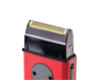 Red and black shaver with gold foil on a white background