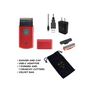 Collection of grooming products including a red shaver, USB-C adaptor, and cutters on a white background.