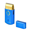Blue and gold electronic device with a small blue block on a white background