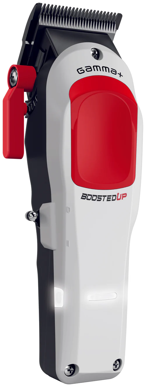 Hair clipper with red and white design on a black background