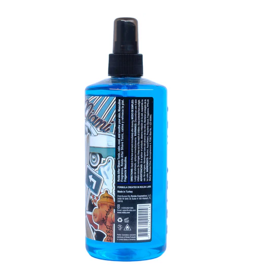 Rolda Blue spray bottle with a label on a white background