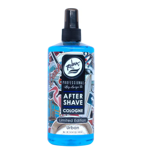 Rolda Bottle of after-shave cologne with a colorful label on a white background