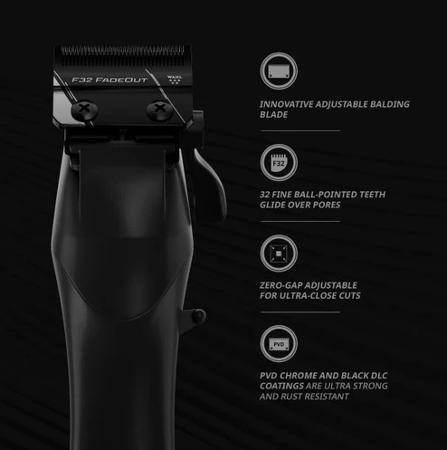 Black electric clipper with features listed on a dark background