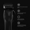 Black electric clipper with features listed on a dark background