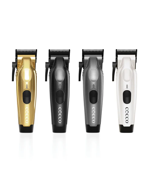 Set of four Cocco electric hair clippers with different color finishes on a white background