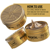 Gold jars of Immortal NYC hair wax with open jar showing wax, and text on how to use.