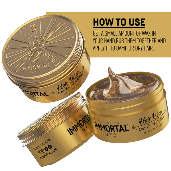 Gold jars of Immortal NYC hair wax with open jar showing wax, and text on how to use.
