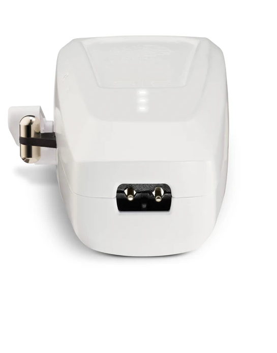 White electronic hair clipper with a black connector on a white background